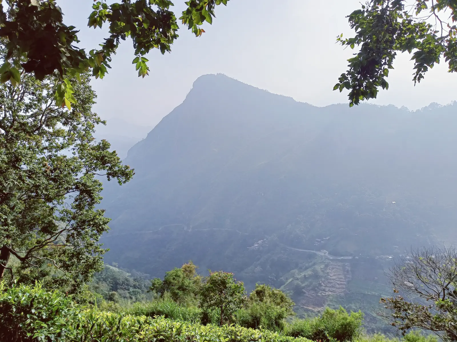 Sunset over Sri Lanka's green mountain landscape